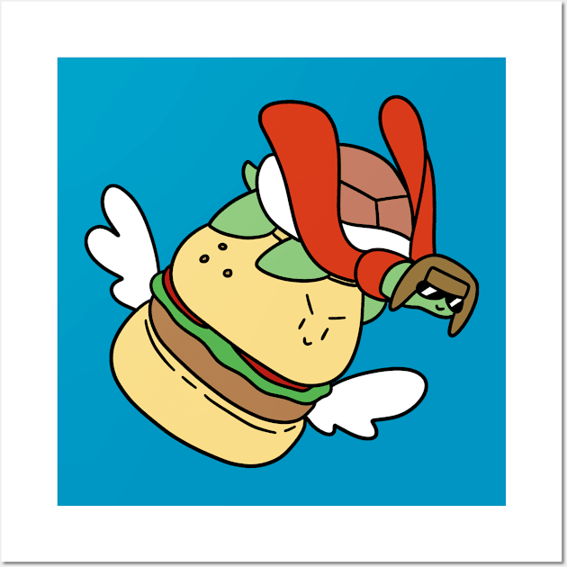 Pilot Turtle Riding a Hamburger Wall Art by saradaboru